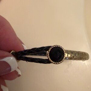 Gold-Tone Bracelet with Black Faceted Stone and Braided Leather